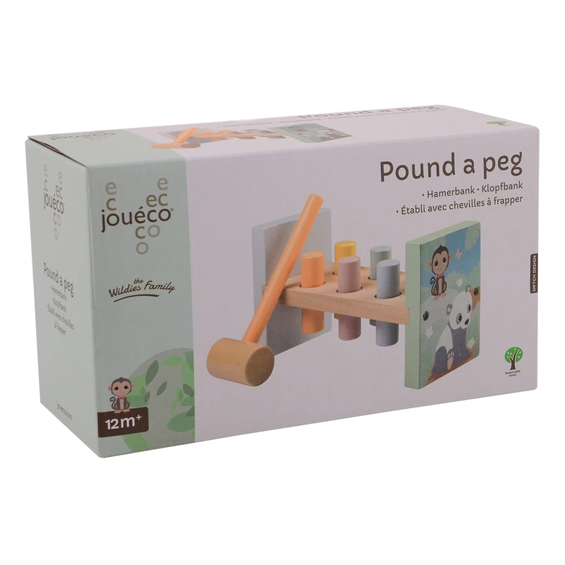 Дървена игра за сръчност Joueco, с чукче и 6 гвоздея